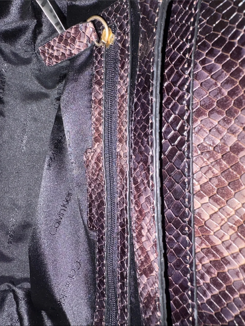 Calvin Klein Snakeskin Fern Top Handle Leather Satchel Crossbody Gold Hardware